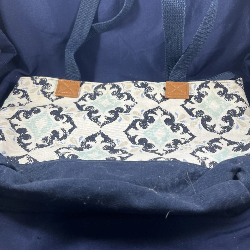 Thirty-One Tote Bag Purse Blue White Patterned Everyday Zipper Closure Boho Chic - Picture 3 of 6